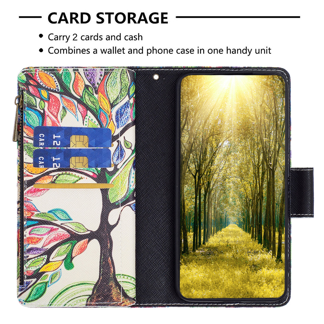 BF03 Zipper Pocket Phone Cover for iPhone 15 Pro Max , Pattern Printing Stand PU Leather Wallet Case - Life Tree BF03 Zipper Pocket Phone Cover for iPhone 15 Pro Max , Pattern Printing Stand PU Leather Wallet Case - Life Tree